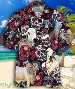 Brahman Cattle Lovers Sugar Skull Floral Tropical Hawaiian Shirt Product Photo 1