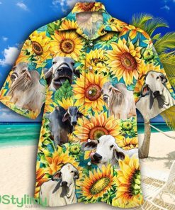 Brahman Cattle Lovers Sunflower Watercolor Tropical Hawaiian Shirt Product Photo 1