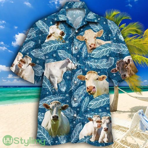Charolais Cattle Lovers Blue Feather Tropical Hawaiian Shirt Product Photo 1