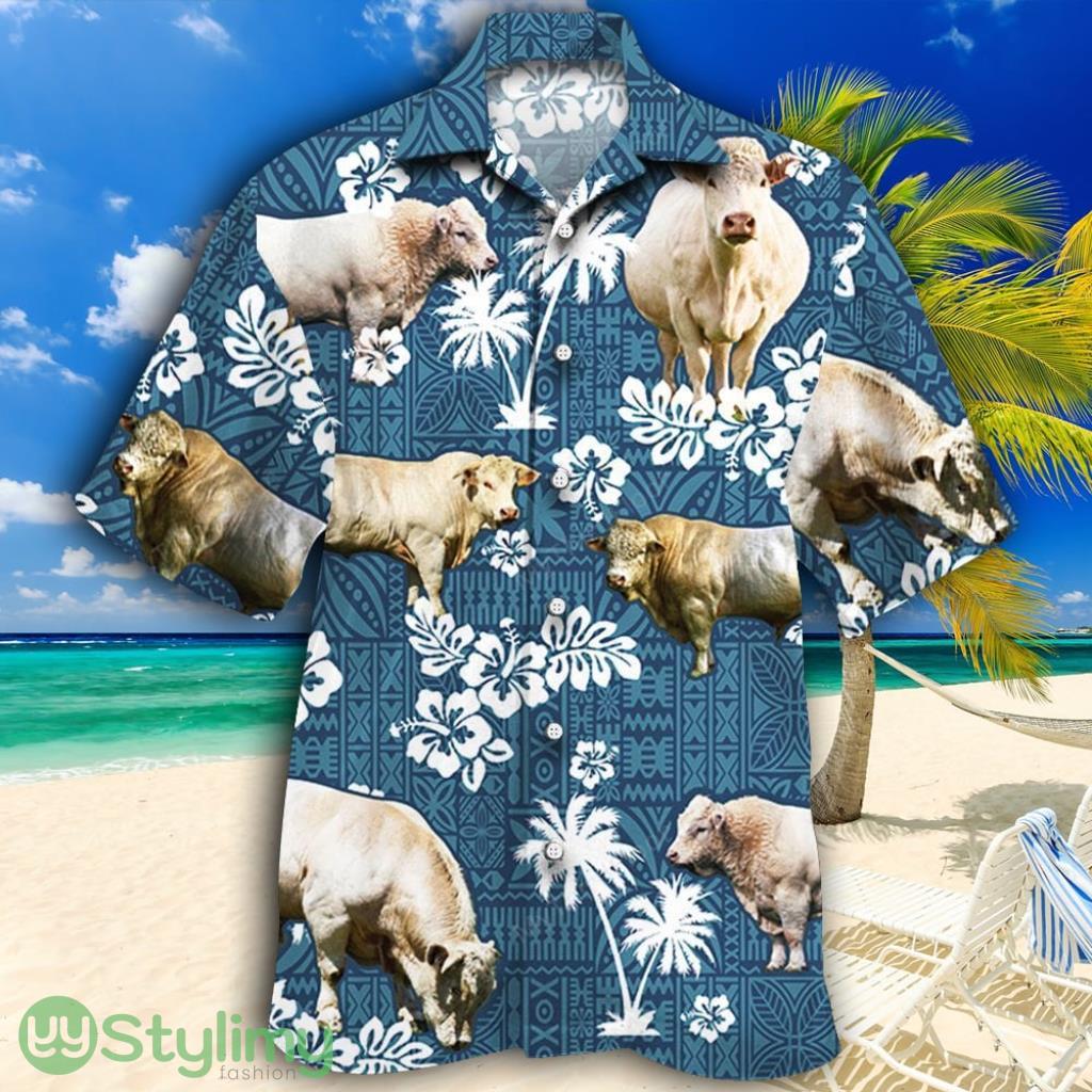Charolais Cattle Lovers Blue Tribal Tropical Hawaiian Shirt 1 Charolais Cattle Lovers Blue Tribal Tropical Hawaiian Shirt Product Photo 1
