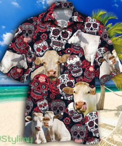 Charolais Cattle Lovers Sugar Skull Floral Tropical Hawaiian Shirt Product Photo 1