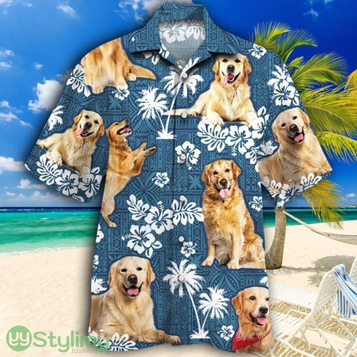 Golden Retriever Dog Blue Tribal Pattern Tropical Hawaiian Shirt