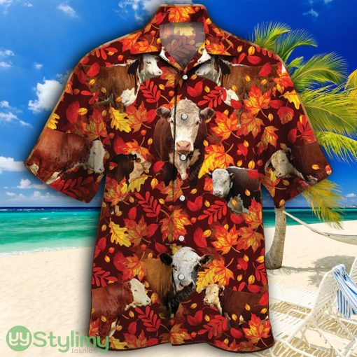 Hereford Cattle Lovers Autumn Red Leaves Tropical Hawaiian Shirt