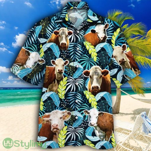 Hereford Cattle Lovers Jungle Leaves Tropical Hawaiian Shirt Product Photo 1