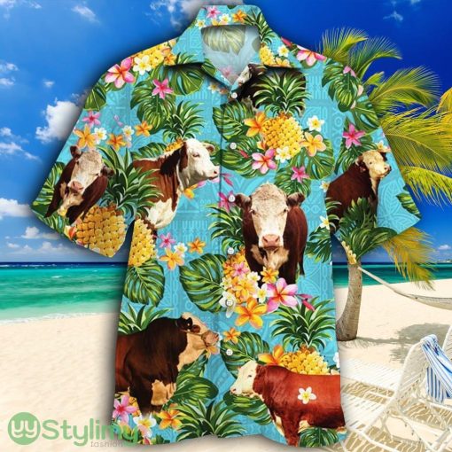 Hereford Cattle Lovers Pineapple Tropical Hawaiian Shirt