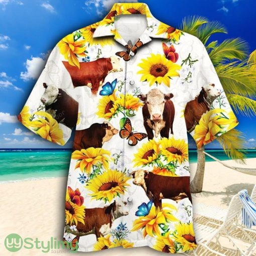Hereford Cattle Lovers Sun Flower Tropical Hawaiian Shirt Product Photo 1