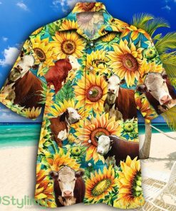 Hereford Cattle Lovers Sunflower Watercolor Tropical Hawaiian Shirt Product Photo 1
