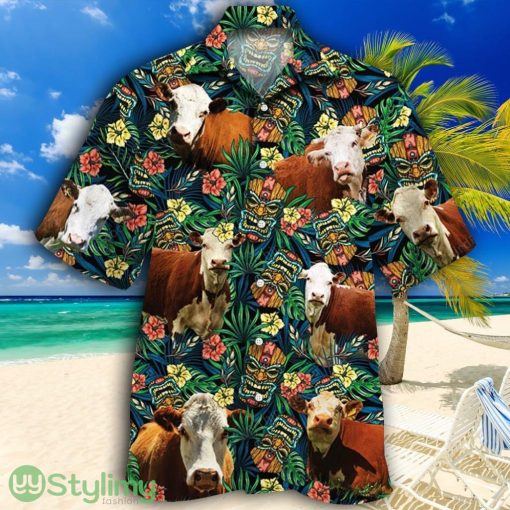 Hereford Cattle Lovers Tribal Tiki Mask Tropical Hawaiian Shirt
