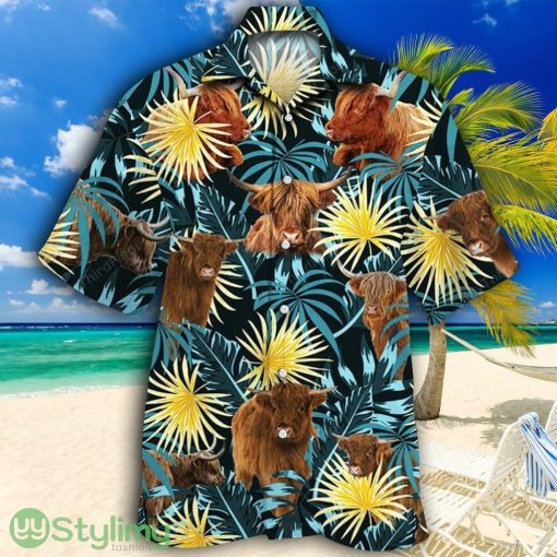 Highland Cattle Lovers Blue And Yellow Plants Tropical Hawaiian Shirt