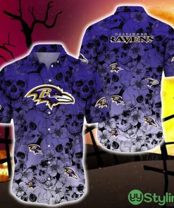 Baltimore Ravens Halloween Aloha Skull 3D Hawaiian Shirt For Fans Gift Christmas Men And Women - Baltimore Ravens Halloween Season Aloha Shirt, New Arrivals_1