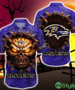 Baltimore Ravens Halloween Angry Skull 3D Hawaiian Shirt For Fans Gift Christmas Men And Women - Baltimore Ravens Halloween Super Trending Shirt For This Season_1