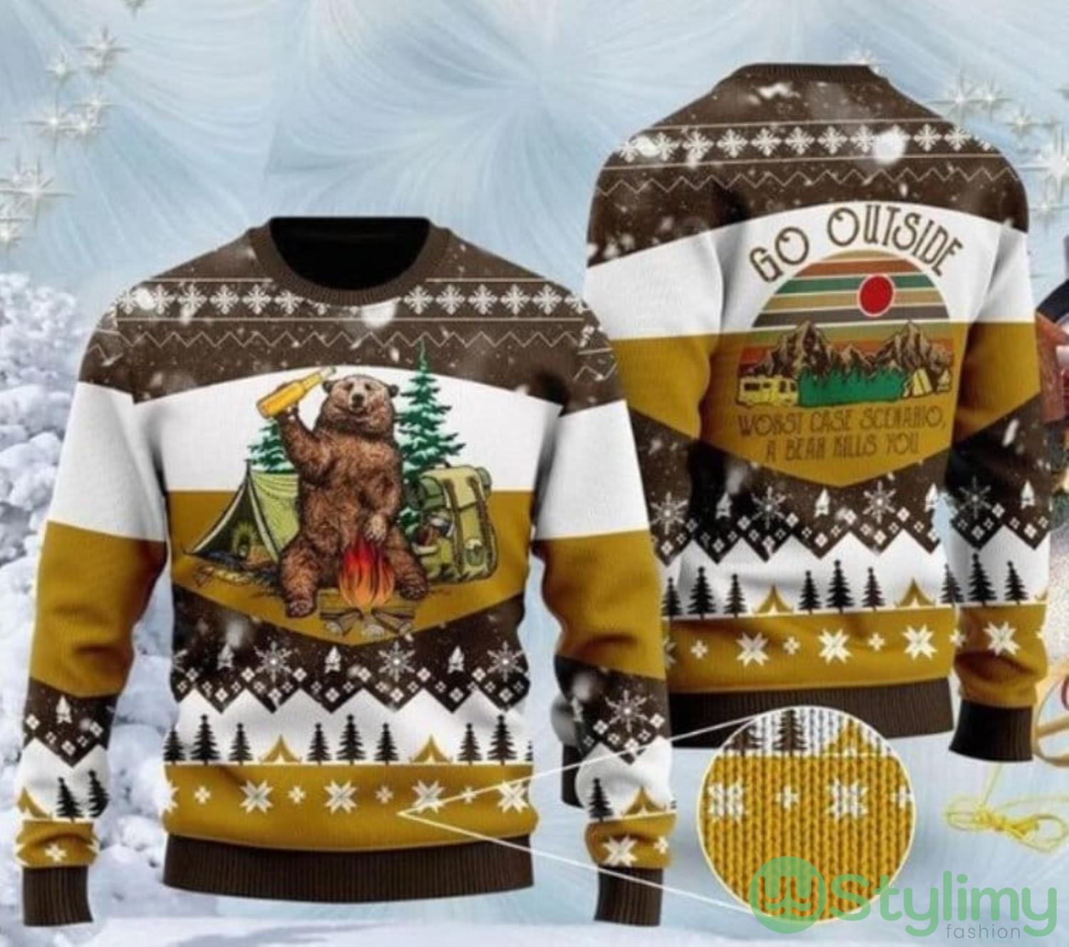 Bear Beer Campfire Yellow Wool Ugly Christmas Sweater 3 Bear Beer Campfire Yellow Wool Ugly Christmas Sweater Product Photo 1