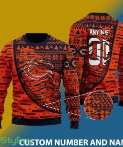 Chicago Bears NFL Christmas Snowflakes Reindeer 3D Sweater Custom Number And Name - Chicago Bears NFL Christmas Knitted Sweater Photo 1