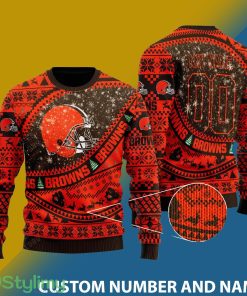 Cleveland Browns NFL Ugly Snowflakes Reindeer 3D Sweater Custom Number And Name - Cleveland Browns NFL Ugly Knitted Sweater Photo 1