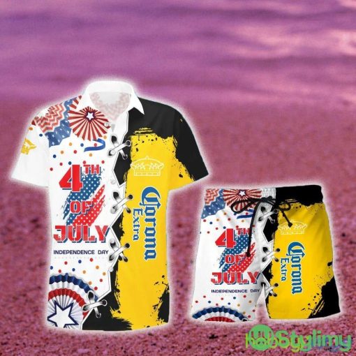 Corona Extra Beer USA Flag Independence 4th of July Hawaiian Combo Shirt And Short Gift Hawaiian For Mens