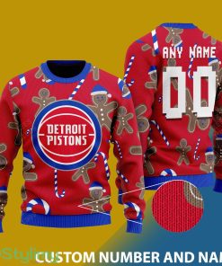 Custom Number And Name Detroit Pistons Christmas Santa Bear Ugly Christmas Sweater - Detroit Pistons - CUSTOMIZE YOUR NAME & NUMBER