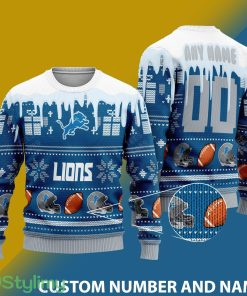 Detroit Lions Graphics NFL Snowflakes Reindeer 3D Sweater Custom Number And Name - Detroit Lions v2 NFL Knitted Sweater Photo 1
