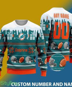 Miami Dolphins Graphics NFL Snowflakes Reindeer 3D Sweater Custom Number And Name - Miami Dolphins v2 NFL Knitted Sweater Photo 1
