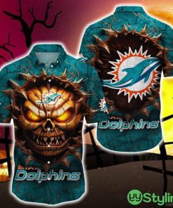 Miami Dolphins Halloween Angry Skull 3D Hawaiian Shirt For Fans Gift Christmas Men And Women - Miami Dolphins Halloween Super Trending Shirt For This Season_1