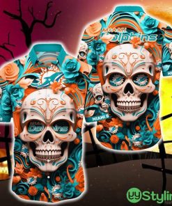 Miami Dolphins Halloween Skull 3D Hawaiian Shirt For Fans Gift Christmas Men And Women - Miami Dolphins Halloween Hawaii Shirt Trending New Arrivals_1