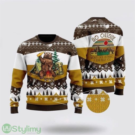 Bear Beer Campfire Yellow Wool Ugly Christmas Sweater Sweater Gifts For Pet Lover