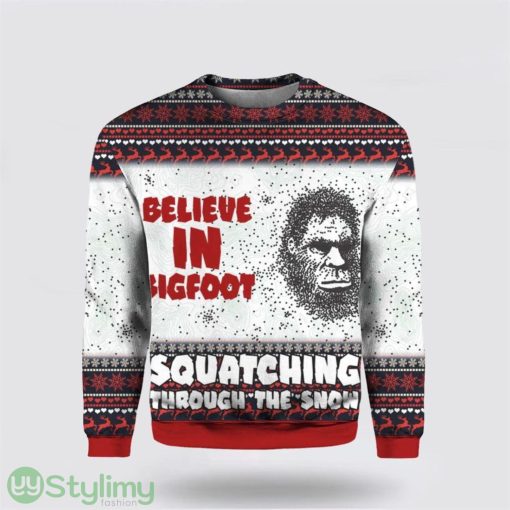 Believe In Bigfoot Squat Ching Through The Snow 3D Ugly Christmas Sweater Gifts For Bigfoot Lovers