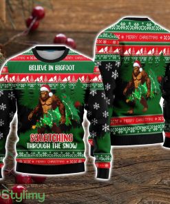 Believe In Bigfoot Squatching Through The Snow Green Black Ugly Christmas Sweater Christmas Gift Product Photo 1