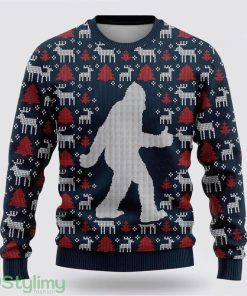 Bigfoot Reindeer And Pine Tree Motifs Blue Pattern Ugly Christmas Sweater Best Gift For Christmas Men And Women Gift Product Photo 1