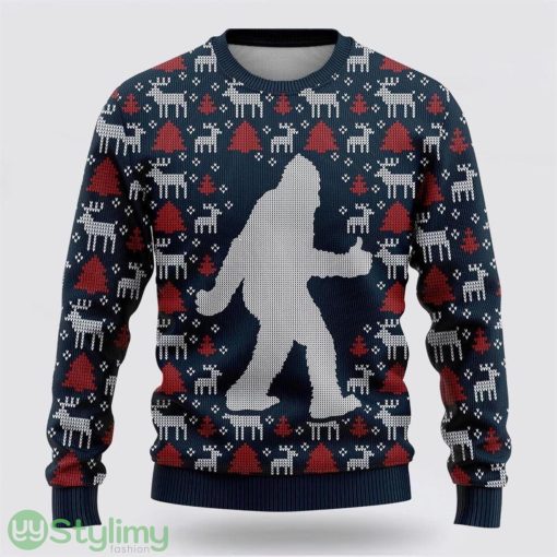 Bigfoot Reindeer And Pine Tree Motifs Blue Pattern Ugly Christmas Sweater Best Gift For Christmas Men And Women Gift