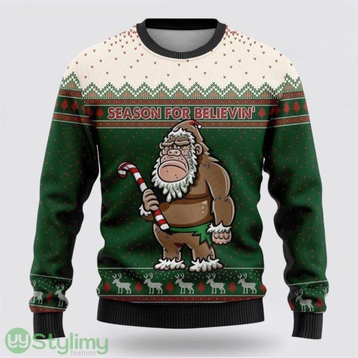 Bigfoot Season For Believin Green And White Pattern Ugly Christmas Sweater Best Gift For Christmas Men And Women Gift