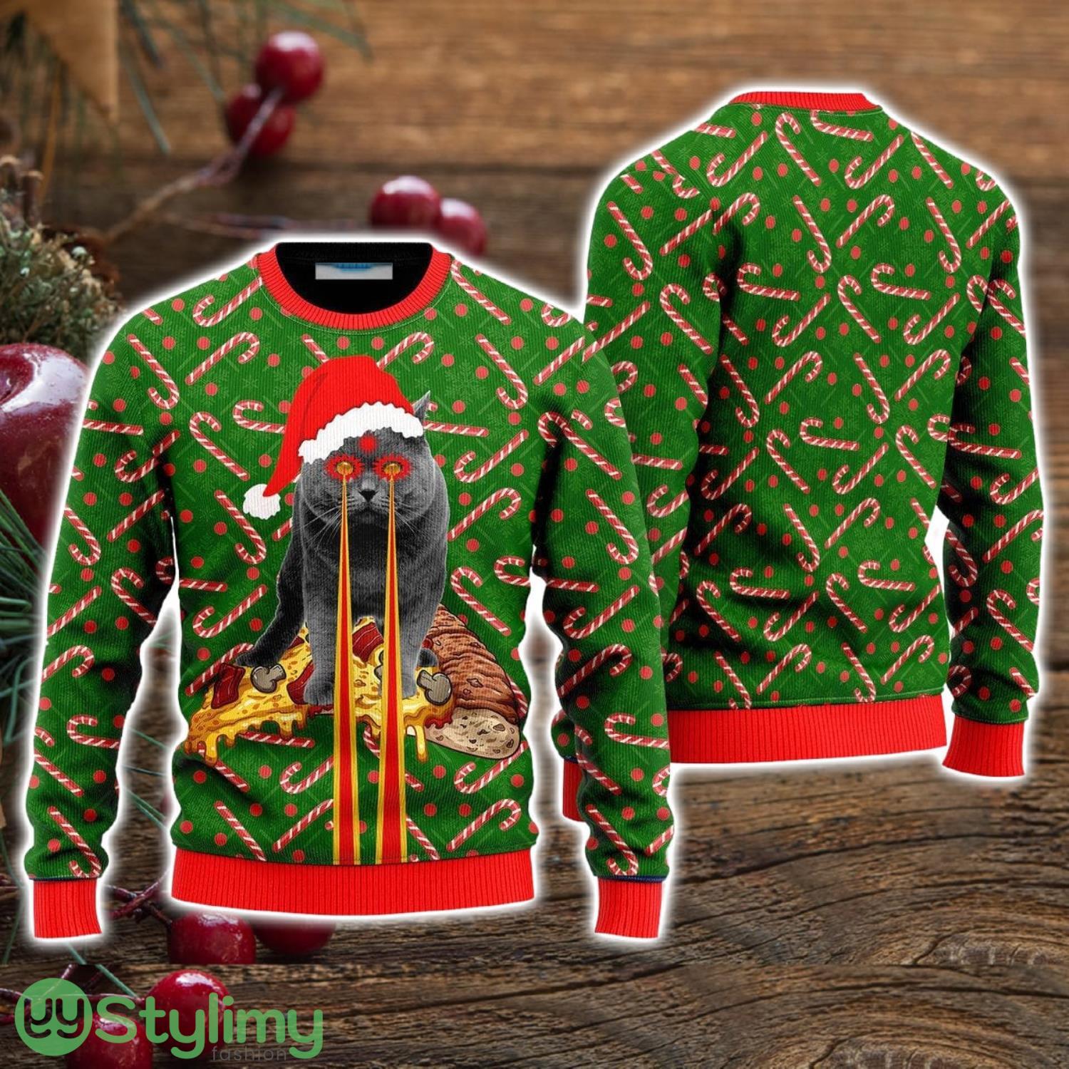Candy Cane Pizza Cat With Laser Eyes Ugly Christmas Sweater Christmas Holiday Gift For Men And Women 3 Candy Cane Pizza Cat With Laser Eyes Ugly Christmas Sweater Christmas Holiday Gift For Men And Women Product Photo 1