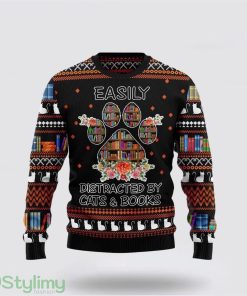 Cat And Books Ugly Christmas Sweater Cat Lover Christmas Sweater Holiday Gift Product Photo 1