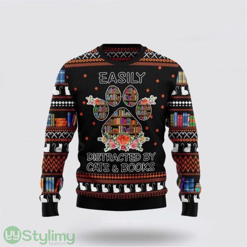 Cat And Books Ugly Christmas Sweater Cat Lover Christmas Sweater Holiday Gift