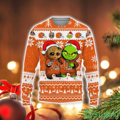 Cleveland Browns Baby Groot And Grinch Best Friends Football American Ugly Christmas Sweater