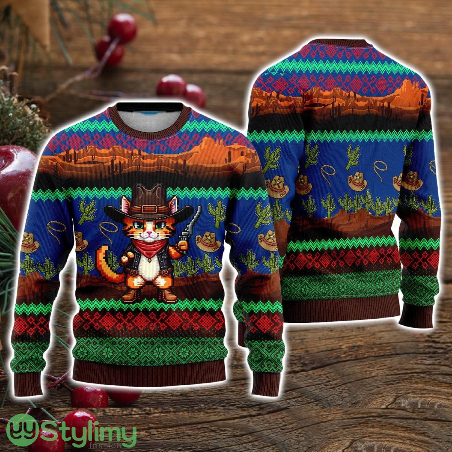 Cool Cat Cowboy Ugly Christmas Sweater Christmas Holiday Gift For Men And Women 3 Cool Cat Cowboy Ugly Christmas Sweater Christmas Holiday Gift For Men And Women Product Photo 1