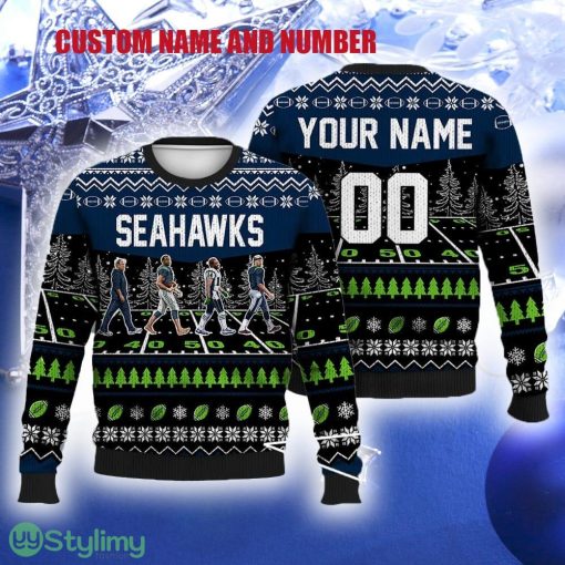 Custom Number And Name Seahawks Walking Abbey Road Ugly Christmas Sweater Football Fans Gift Familys