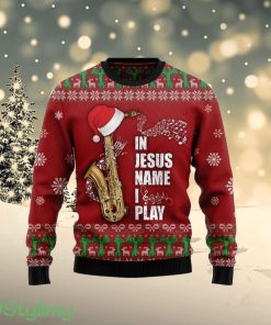 In Jesus Name I Play Saxophone Ugly Christmas Sweater Product Photo 1