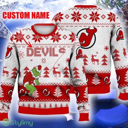 New Jersey Devils Ugly Christmas Sweater Grinch Custom Ice Hockey NHL Gift For Christmas Holidays Custom Name
