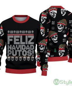 Skull Feliz Navidad Putos 3D Ugly Christmas Sweater Skull Graphic Tee Mens Xmas Sweater Gift Product Photo 1