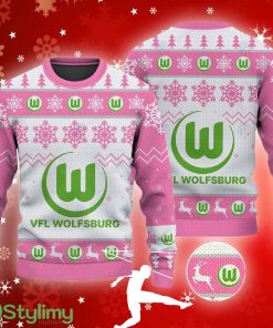 VfL Wolfsburg Big Logo Ugly Christmas Tree Pink Sweater Gift For Fans - VfL Wolfsburg Big Logo Ugly Snowflakes Reindeer Pink Sweater Gift For Fans
