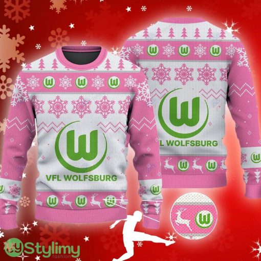 VfL Wolfsburg Big Logo Ugly Christmas Tree Pink Sweater Gift For Fans - VfL Wolfsburg Big Logo Ugly Snowflakes Reindeer Pink Sweater Gift For Fans