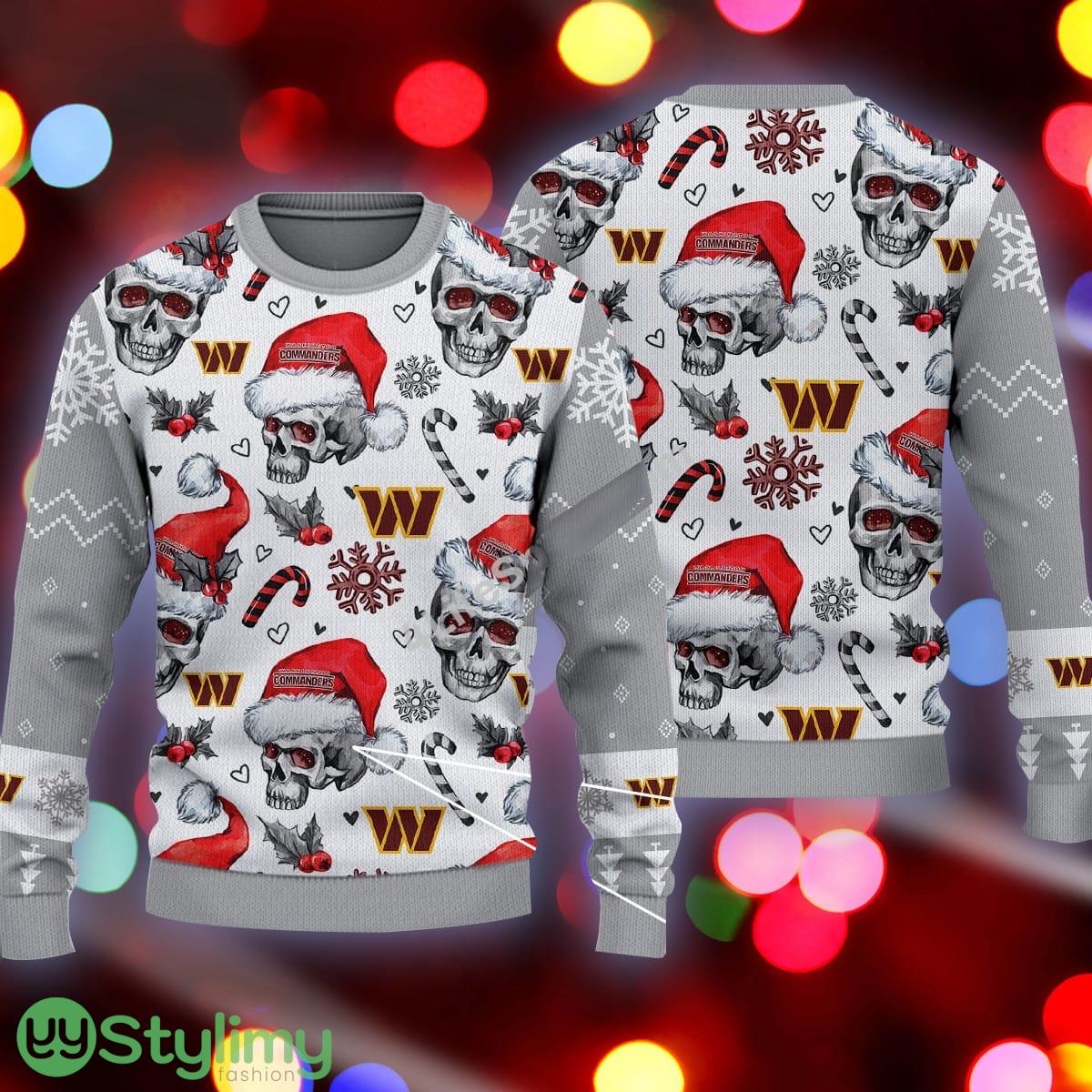 Washington Commanders Logo Skull Candy Cane Grey Ugly Christmas Sweater 3 Washington Commanders Logo Skull Candy Cane Grey Ugly Christmas Sweater - Washington Commanders Logo Skull Candy Cane Pattern Grey Ugly Christmas Sweater