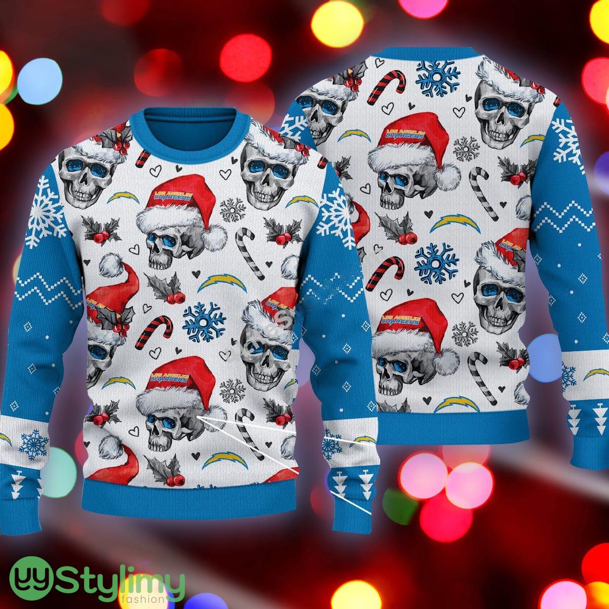 Xmas Los Angeles Chargers Skull Candy Cane Blue Ugly Sweater 3 Xmas Los Angeles Chargers Skull Candy Cane Blue Ugly Sweater - Xmas Los Angeles Chargers Skull Pattern Candy Cane Blue Ugly Sweater