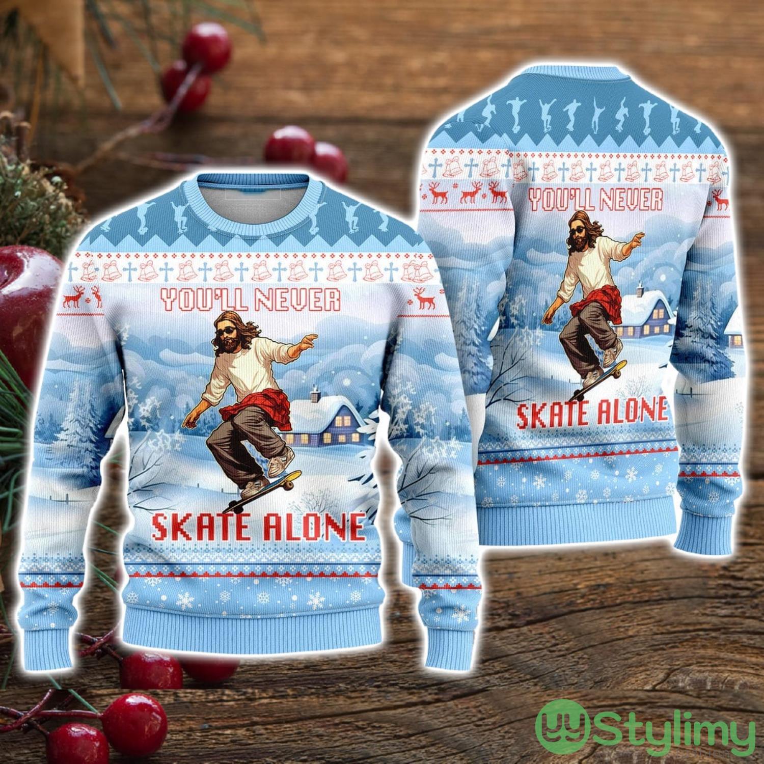 You'll Never Skate Alone Funny Jesus Skateboarding Ugly Christmas Sweater Christmas Holiday Gift For Men And Women 3 youll never skate alone funny jesus skateboarding ugly christmas sweater christmas holiday gift for men and women