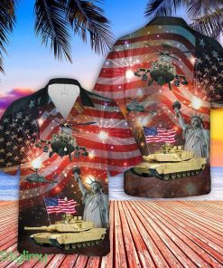 Abrams Battle Tank And Apache 4th Of July Hawaiian Shirt - Abrams Battle Tank And Apache 4th Of July Hawaiian Shirt