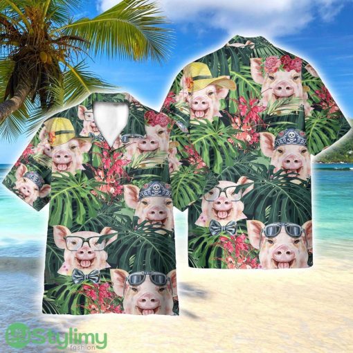 Funny Pig In Tropical Green Leaves AOP Hawaiian Shirt Beach Lover Gift Men And Women Shirt Product Photo 1