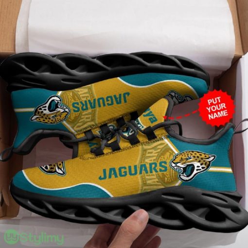 Jacksonville Jaguars Logo Pattern In Turquoise And Yellow Custom Name 3D Max Soul Sneaker Shoes