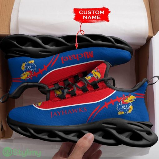 Kansas Jayhawks Logo Bird Pattern Custom Name 3D Max Soul Sneaker Shoes In Red Blue