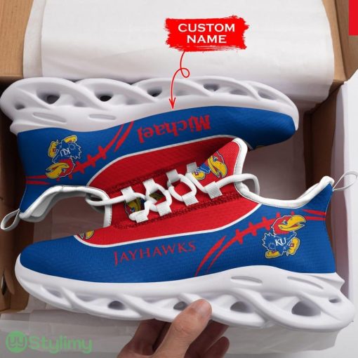 Kansas Jayhawks Logo Bird Pattern Custom Name 3D Max Soul Sneaker Shoes In Red Blue