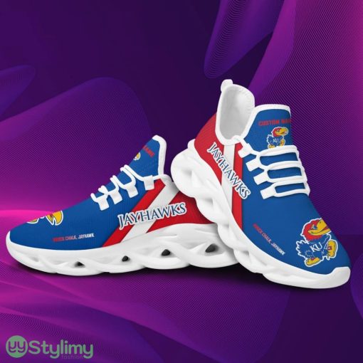 Kansas Jayhawks Logo Custom Name Pattern In Blue And Red 3D Max Soul Sneaker Shoes